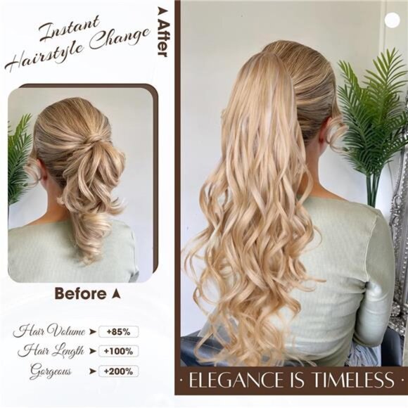 26 Inch Ponytail Extension for Women, Blonde with White Blonde - Picture 2 of 7
